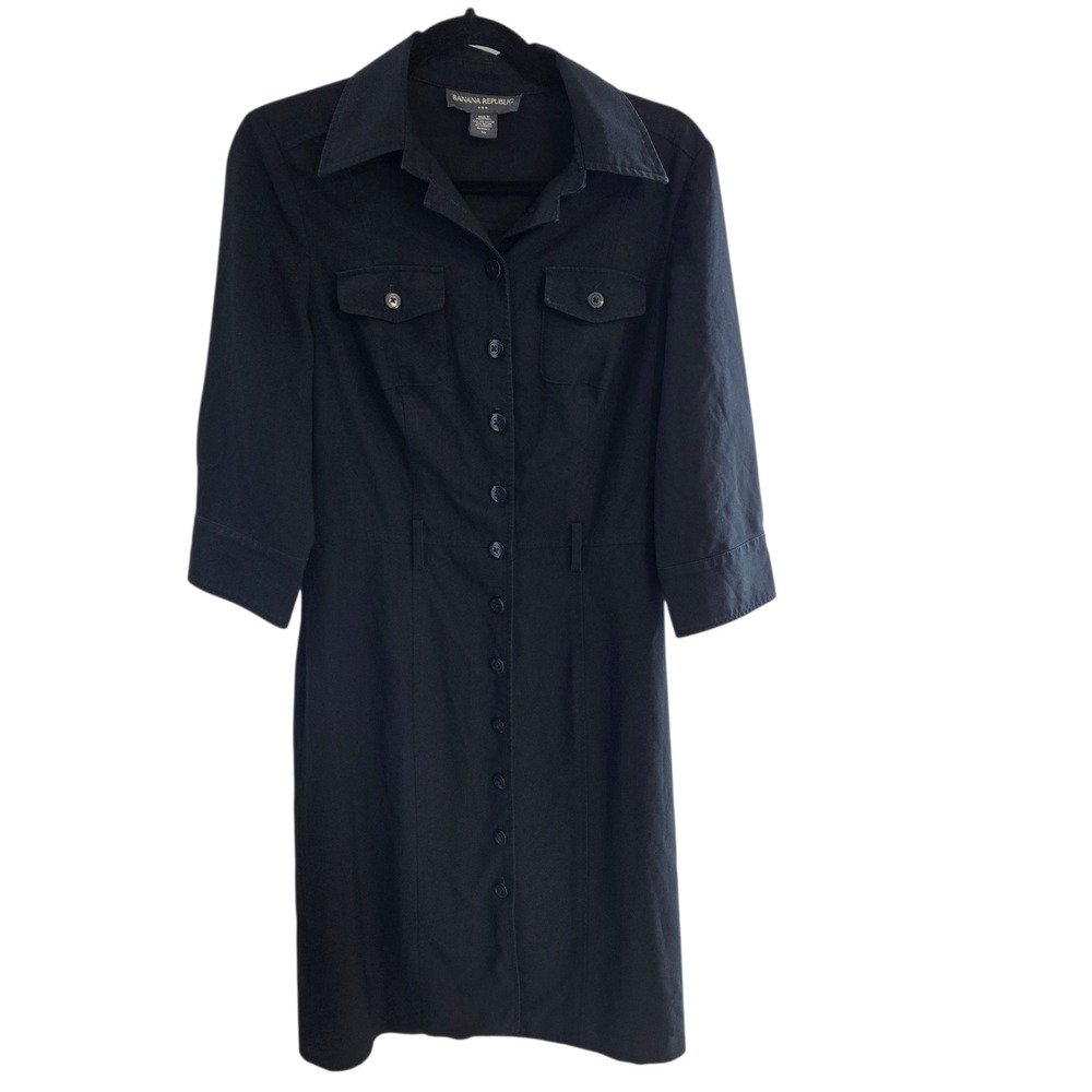 Banana Republic Womens Black Utility Shirt Dress Button Down 3/4 Sleeve, Size 10